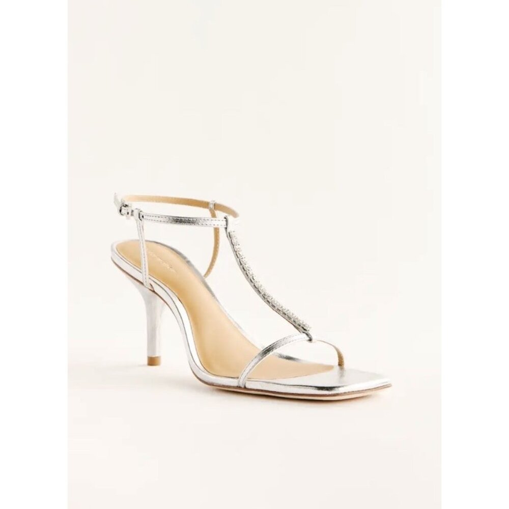 Reformation Gemi Bare Sandals Shoes Silver Leather T Bar Sz 7.5